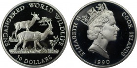 Weltmünzen und Medaillen, Cookinseln / Cook Islands. Gefährdete Weltwildleben-Reihe - Gazellen. 50 Dollars 1990, Silber. 0.58 OZ. KM 207. Polierte Pla...