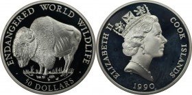 Weltmünzen und Medaillen, Cookinseln / Cook Islands. Gefährdete Weltwildleben-Reihe - Büffel. 50 Dollars 1990, Silber. 0.58OZ. KM 58. Polierte Platte...