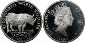 Weltmünzen und Medaillen, Cookinseln / Cook Islands. Gefährdete Weltwildleben-Reihe - Spitzmaulnashorn. 50 Dollars 1990, Silber. 0.58 OZ. KM 55. Polie...