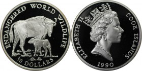 Weltmünzen und Medaillen, Cookinseln / Cook Islands. Gefährdete Weltwildleben-Reihe - Büffel - Wiesent. 50 Dollars 1990, Silber. 0.58 OZ. KM 205. Poli...