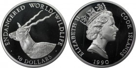 Weltmünzen und Medaillen, Cookinseln / Cook Islands. Gefährdete Weltwildleben-Reihe - Antilope. 50 Dollars 1990, Silber. 0.59 OZ. KM 115. Polierte Pla...