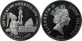 Weltmünzen und Medaillen, Cookinseln / Cook Islands. Serie 500 Years of America - Azteken Priester. 50 Dollars 1991, Silber. 0.93 OZ. KM 148. Polierte...
