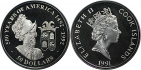Weltmünzen und Medaillen, Cookinseln / Cook Islands. Serie 500 Jahre Amerika - Francisco Pizarro. 50 Dollars 1991, Silber. 0.93 OZ. KM 189. Polierte P...