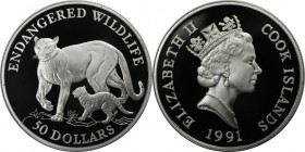 Weltmünzen und Medaillen, Cookinseln / Cook Islands. Gefährdete Weltwildleben-Reihe - Puma. 50 Dollars 1991, Silber. 0.58 OZ. KM 125. Polierte Platte...