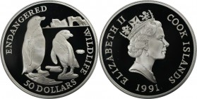 Weltmünzen und Medaillen, Cookinseln / Cook Islands. Gefährdete Weltwildleben-Reihe - Brillenpinguin. 50 Dollars 1991, Silber. 0.58 OZ. KM 128. Polier...