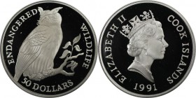 Weltmünzen und Medaillen, Cookinseln / Cook Islands. Gefährdete Weltwildleben-Reihe - Uhu. 50 Dollars 1991, Silber. 0.59 OZ. KM 93. Polierte Platte