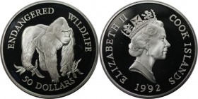 Weltmünzen und Medaillen, Cookinseln / Cook Islands. Gefährdete Wildtiere - Gorilla. 50 Dollars 1992, Silber. 0.57 OZ. KM 264. Polierte Platte