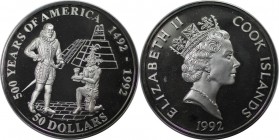 Weltmünzen und Medaillen, Cookinseln / Cook Islands. 500 Jahre Amerika - Pedro de Alvarado und Azteke. 50 Dollars 1992, Silber. 0.93 OZ. KM 310. Polie...