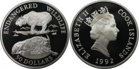 Weltmünzen und Medaillen, Cookinseln / Cook Islands.Gefährdete Wildtiere - Wiesent. 50 Dollars 1992, Silber. 0.57 OZ. KM 261. Polierte Platte. Min.ber...
