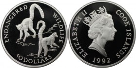 Weltmünzen und Medaillen, Cookinseln / Cook Islands. 2 Kattas / Halbaffen. 50 Dollars 1992, Silber. 0.57 OZ. KM 262. Polierte Platte. Min.berührt.