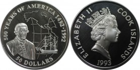 Weltmünzen und Medaillen, Cookinseln / Cook Islands. Serie 500 Jahre Amerika. 50 Dollars 1993, Silber. 0.93 OZ. KM 170. Polierte Platte