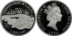 Weltmünzen und Medaillen, Cookinseln / Cook Islands. Gefährdete Tierwelt. Panzerkrokodil. 5 Dollars 1996, Silber. 0.83 OZ. KM 301. Polierte Platte
