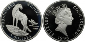 Weltmünzen und Medaillen, Cookinseln / Cook Islands. Gefährdete Weltwildleben-Reihe - Gepard. 5 Dollars 1996, Silber. 0.93 OZ. KM 269. Polierte Platte...