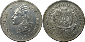 Weltmünzen und Medaillen, Dominikanische Republik / Dominican Republic. 100. Jahrestag - Wiederherstellung der Republik. 1 Pesos 1963, Silber. 0.56 OZ...
