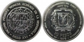 Weltmünzen und Medaillen, Dominikanische Republik / Dominican Republic. Internationale Bankenkonferenz. 10 Pesos 1975, Silber. 0.81 OZ. KM 37. Stempel...