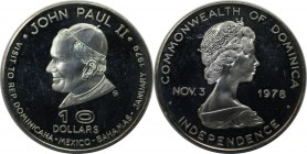Weltmünzen und Medaillen, Dominikanische Republik / Dominican Republic. Papst Johannes Paul II. 10 Dollars 1979, Silber. 0.61 OZ. KM 16. Polierte Plat...