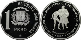 Weltmünzen und Medaillen, Dominikanische Republik / Dominican Republic. 500 Jahre Entdeckung Amerikas. 1 Pesos 1990, Silber. 1 OZ. KM 77a. Polierte Pl...