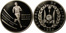 Weltmünzen und Medaillen, Dschibuti / Djibouti. Serie Olympische Spiele 1996 - Läufer. 100 Francs 1994, Silber. 0.93 OZ. KM 30. Polierte Platte