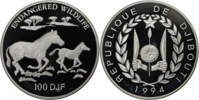 Weltmünzen und Medaillen, Dschibuti / Djibouti. Zebras. 100 Francs 1994, Silber. 0.94 OZ. KM 32. Polierte Platte