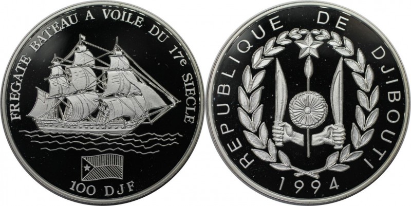 Weltmünzen und Medaillen, Dschibuti / Djibouti. Bootsfregatte. 100 Francs 1994, ...