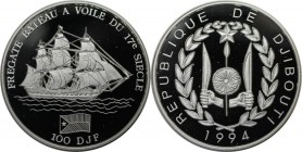 Weltmünzen und Medaillen, Dschibuti / Djibouti. Bootsfregatte. 100 Francs 1994, Silber. 0.94 OZ. KM 31. Polierte Platte