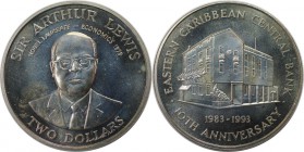Weltmünzen und Medaillen, East-Caribbean. 10. Jahrestag der Ostkaribischen Zentralbank - Sir Arthur Lewis. 2 Dollars 1993, Kupfer-Nickel. KM 24. Stemp...