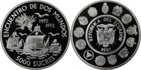 Weltmünzen und Medaillen, Ecuador. Serie "Treffen zwischen zwei Welten" - Karavellen von Christoph Kolumbus. 5000 Sucres 1991, Silber. 0.80 OZ. KM 95....