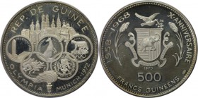Weltmünzen und Medaillen, Guinea. "Olympische Spiele München 1972". 500 Francs 1970, Silber. 0.93 OZ. KM 15. Polierte Platte