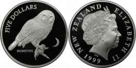 Weltmünzen und Medaillen, Neuseeland / New Zealand. Morepork Eule. 5 Dollar 1999, Silber. 0.91 OZ. KM 115a. Polierte Platte