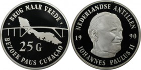 Weltmünzen und Medaillen, Niederländische Antillen / Netherlands Antilles. Papst Johannes Paul II. 25 Gulden 1990, Silber. 0.74 OZ. KM 39. Polierte Pl...