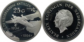 Weltmünzen und Medaillen, Niederländische Antillen / Netherlands Antilles. "Erster Flug von Amsterdam nach Curacao 1934". 25 Gulden 1994, Silber. 0.74...