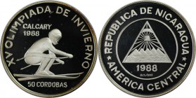 Weltmünzen und Medaillen, Nicaragua. 15. Olympische Winterspiele - Calgary 1988. Schifahrer. 50 Cordobas 1988, Silber. 0.44 OZ. KM 61. Polierte Platte...