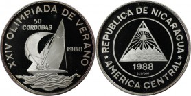 Weltmünzen und Medaillen, Nicaragua. "XXIV Sommerolympiade - Seoul 1988". 50 Cordobas 1988, Silber. 0.44 OZ. KM 62. Polierte Platte