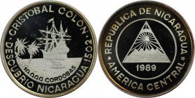 Weltmünzen und Medaillen, Nicaragua. Entdeckung von Nicaragua. 10000 Cordobas 1989, Silber. 0.64 OZ. KM 64. Polierte Platte