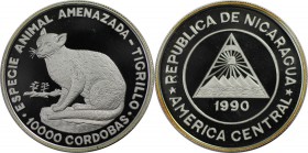Weltmünzen und Medaillen, Nicaragua. Ozelot WWF. 10000 Cordobas 1990, Silber. 0.84 OZ. KM 71. Polierte Platte