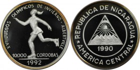 Weltmünzen und Medaillen, Nicaragua. "16. Winterolympiade - Albertville 1992. Eiskunstläufer". 10000 Cordobas 1990, Silber. 0.64 OZ. KM 75. Polierte P...