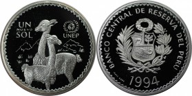 Weltmünzen und Medaillen, Peru. 20 Jahre Umweltprogramm der Vereinten Nationen. Nuevo Sol 1994, Silber. 0.64OZ. KM 314. Polierte Platte. Leicht berühr...