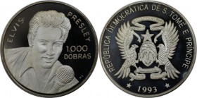 Weltmünzen und Medaillen, Saint thomas and prince islands. Elvis Presley. 1000 Dobras 1993, Silber. 0.72 OZ. KM 71. Polierte Platte. Leicht berührt.