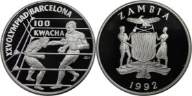 Weltmünzen und Medaillen, Sambia / Zambia. "1992 Sommerolympiade, Barcelona". 100 Kwacha 1992, Silber. 0.84 OZ. KM 28. Polierte Platte