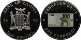Weltmünzen und Medaillen , Sambia / Zambia. Europäische Einheit - Eine Währungsserie - 100 € Note. 1000 Kwacha 1998. Polierte Platte