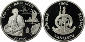 Weltmünzen und Medaillen, Vanuatu. James Cook. 20 Vatu 1994, Silber. 0.32 OZ. KM 19. Polierte Platte