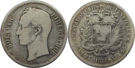 Weltmünzen und Medaillen, Venezuela. Republik seit 1830. 5 Bolívares (Gram.25) 1886, Silber. 0.72 OZ. Schön