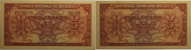 Banknoten, Belgien / Belgium. 5 Francs 1944. P.121. II