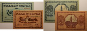 Banknoten, Deutschland / Germany. Notgeld Kiel, Schleswig-Holstein. 5, 10 Mark 15.10.1918. Geiger 270.3, 4. 2 Stück. I-II