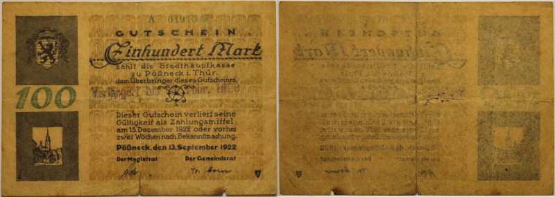 Banknoten, Deutschland / Germany. Notgeld Thüringen Pößneck. 100 Mark 1922. Müll...