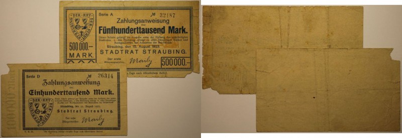 Banknoten, Deutschland / Germany. Notgeld Straubing, Inflation. 100 000 Mark, 50...