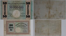 Banknoten, Deutschland / Germany. Notgeld Pößneck Stadt. 50 Millionen Mark, 100 Millionen Mark 27.09.1923. Keller 4355.r,u. III-IV