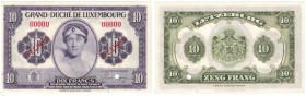 Banknoten, Luxemburg. 10 Francs (1944). "SPECIMEN" Pick 44s. UNC