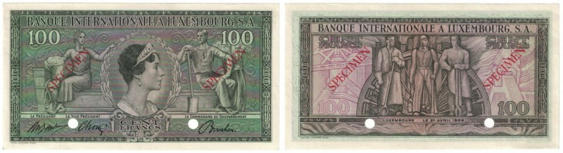 Banknoten, Luxemburg. 100 Francs 21.04.1956. "SPECIMEN" Pick 13s. UNC
