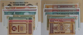 Banknoten, Mongolei / Mongolia, Lots und Sammlungen. 1 Tugrik 1955 (P.28), 1 - 20 Tugrik, 10 - 50 Mongo 1993. Lot von 8 Stück. I